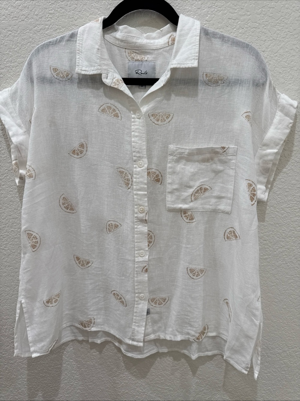 Rails White Linen Blend Lemon Print Button Front Shirt Women’s Medium Summer Top